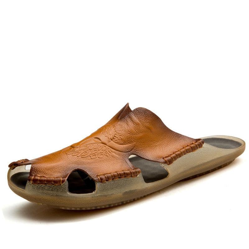 image-Men's Leather Sandals - Red Brown Beach Style Size 48