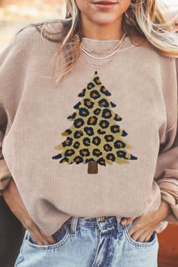 image-Apricot Leopard Christmas Tree Graphic Corded Sweatshirt