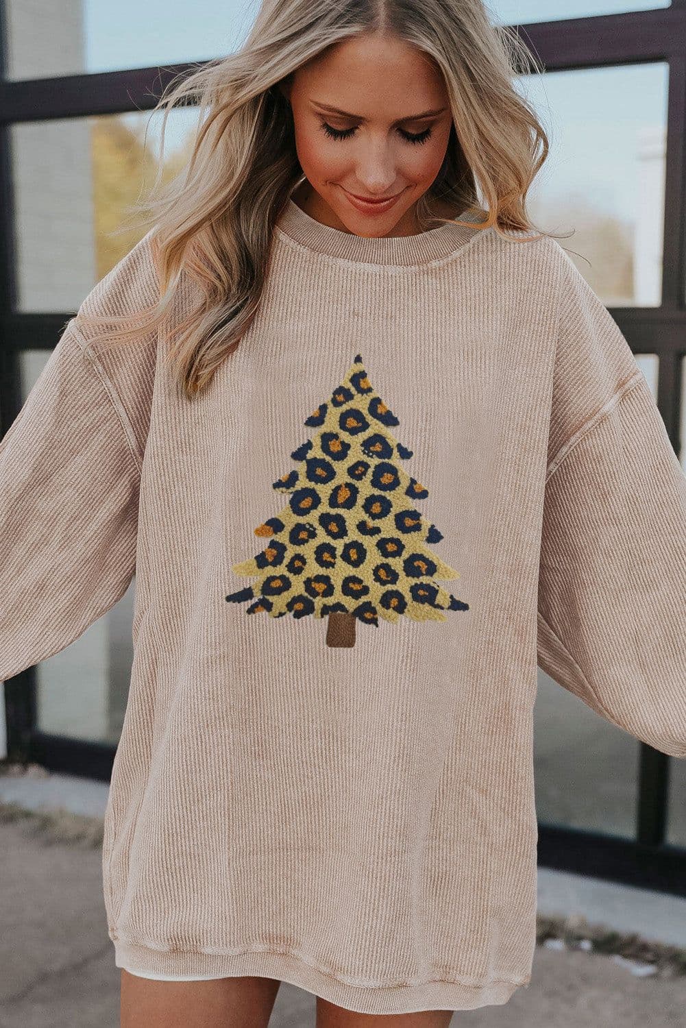 image-Apricot Leopard Christmas Tree Graphic Corded Sweatshirt