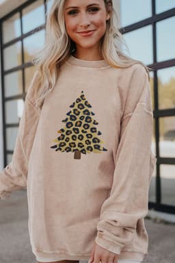 image-Apricot Leopard Christmas Tree Graphic Corded Sweatshirt