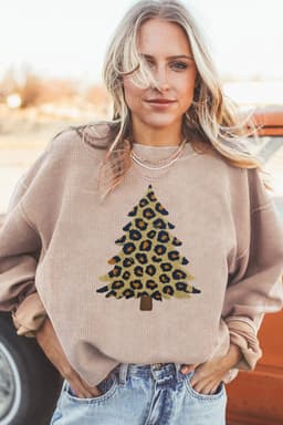 image-Apricot Leopard Christmas Tree Graphic Corded Sweatshirt