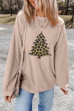image-Apricot Leopard Christmas Tree Graphic Corded Sweatshirt