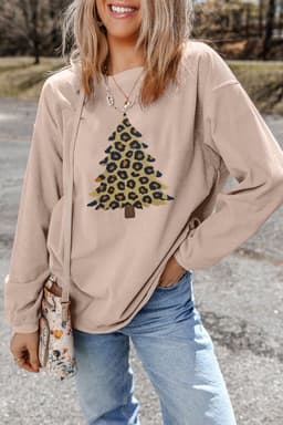 image-Apricot Leopard Christmas Tree Graphic Corded Sweatshirt
