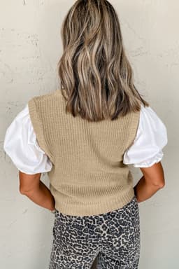 image-Light French Beige Round Neck Knit Contrast Short Sleeve Patchwork Sweater Top