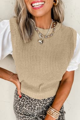 image-Light French Beige Round Neck Knit Contrast Short Sleeve Patchwork Sweater Top