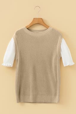 image-Light French Beige Round Neck Knit Contrast Short Sleeve Patchwork Sweater Top