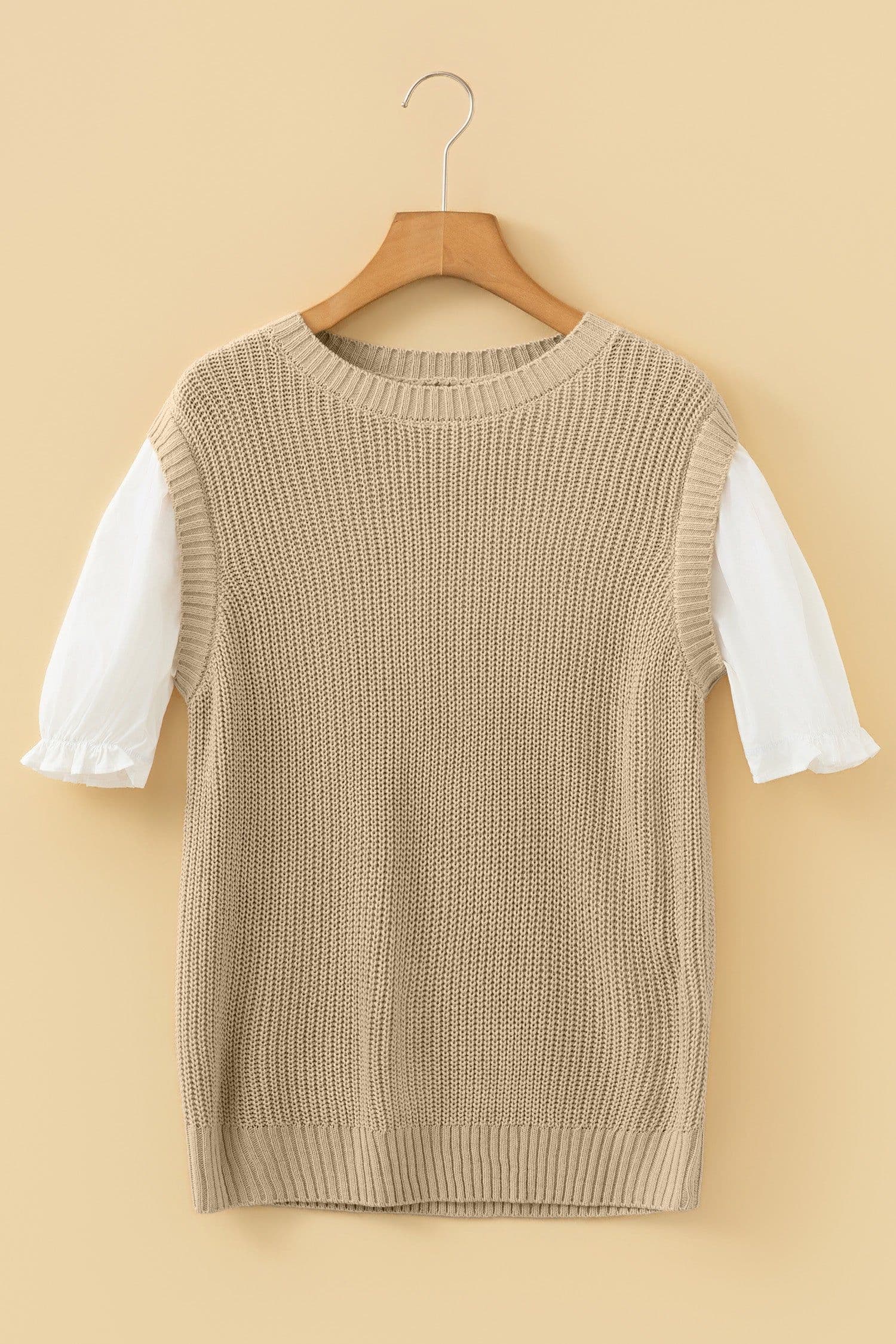 image-Light French Beige Round Neck Knit Contrast Short Sleeve Patchwork Sweater Top