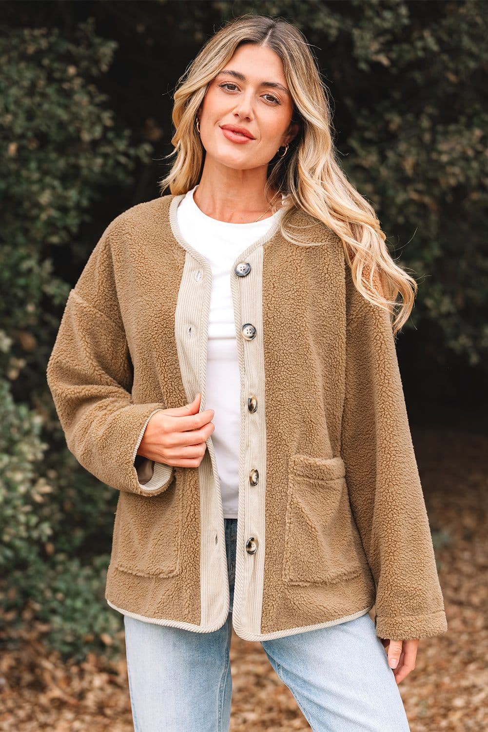 image-Light French Beige Puffy Plush Corduroy Edge Patchwork Jacket with Big Pockets