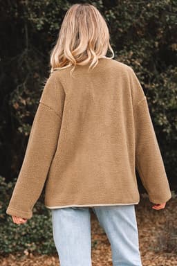 image-Light French Beige Puffy Plush Corduroy Edge Patchwork Jacket with Big Pockets