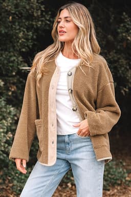 image-Light French Beige Puffy Plush Corduroy Edge Patchwork Jacket with Big Pockets