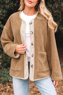 image-Light French Beige Puffy Plush Corduroy Edge Patchwork Jacket with Big Pockets