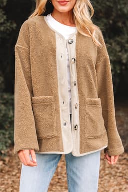 image-Light French Beige Puffy Plush Corduroy Edge Patchwork Jacket with Big Pockets