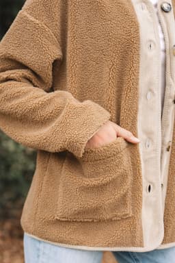 image-Light French Beige Puffy Plush Corduroy Edge Patchwork Jacket with Big Pockets