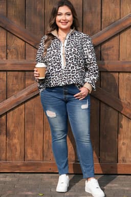 image-Multicolour Leopard Print Contrast Trim Button Split Neck Plus Long Sleeve Top