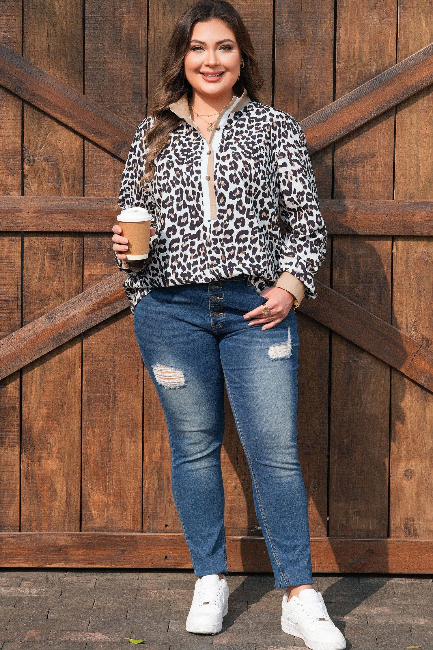 image-Multicolour Leopard Print Contrast Trim Button Split Neck Plus Long Sleeve Top