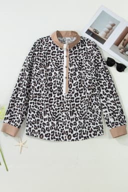 image-Multicolour Leopard Print Contrast Trim Button Split Neck Plus Long Sleeve Top