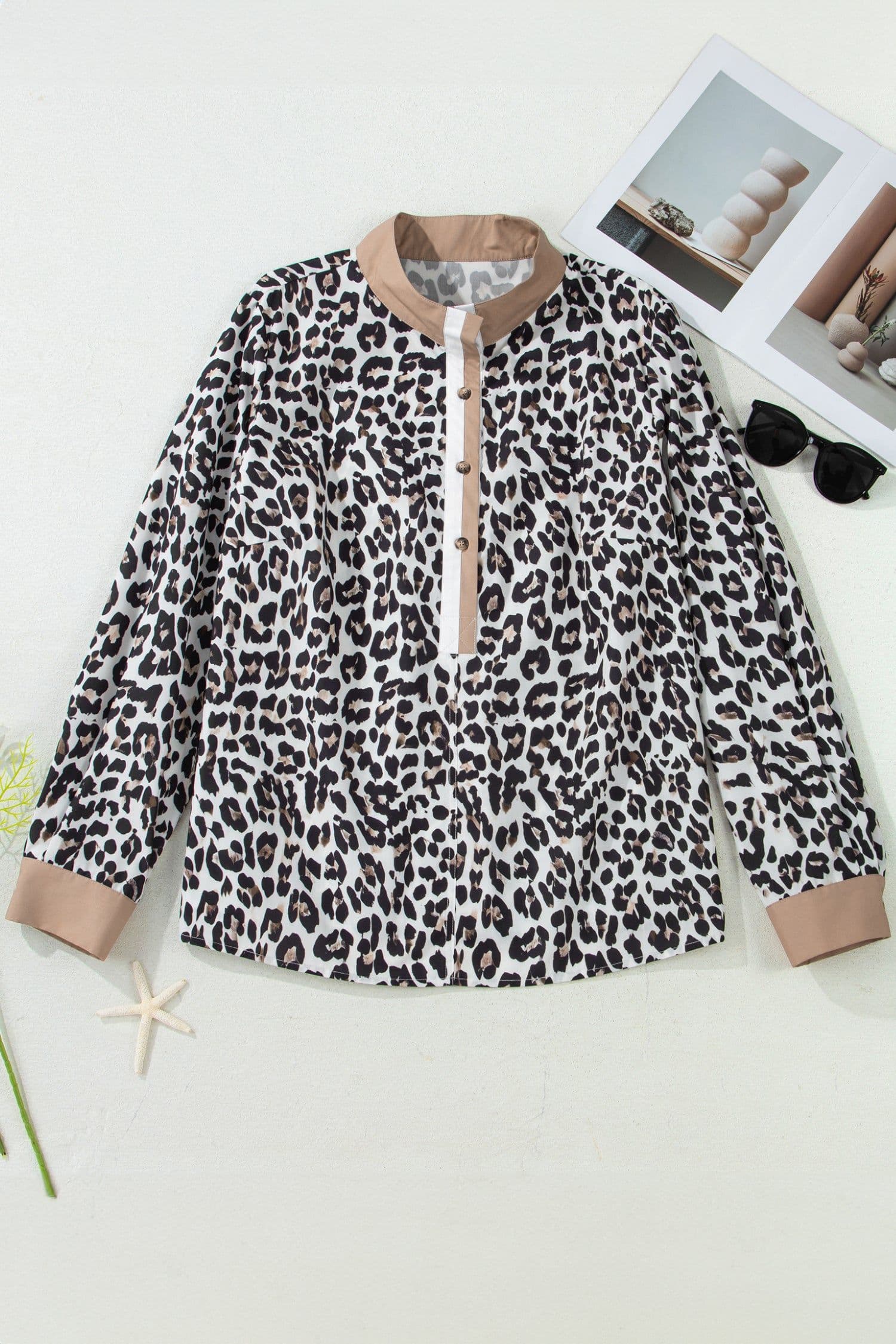 image-Multicolour Leopard Print Contrast Trim Button Split Neck Plus Long Sleeve Top