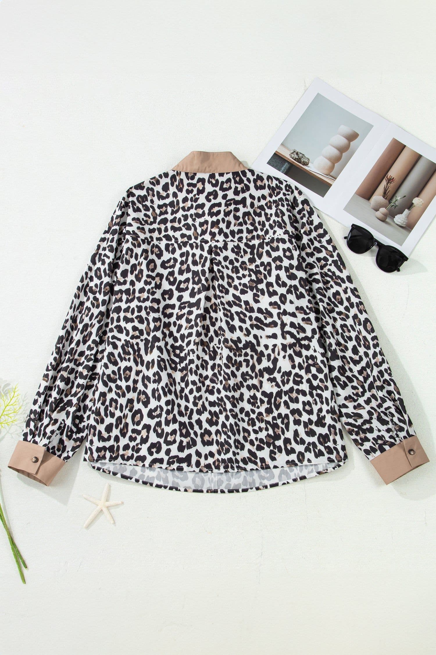image-Multicolour Leopard Print Contrast Trim Button Split Neck Plus Long Sleeve Top