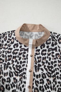 image-Multicolour Leopard Print Contrast Trim Button Split Neck Plus Long Sleeve Top