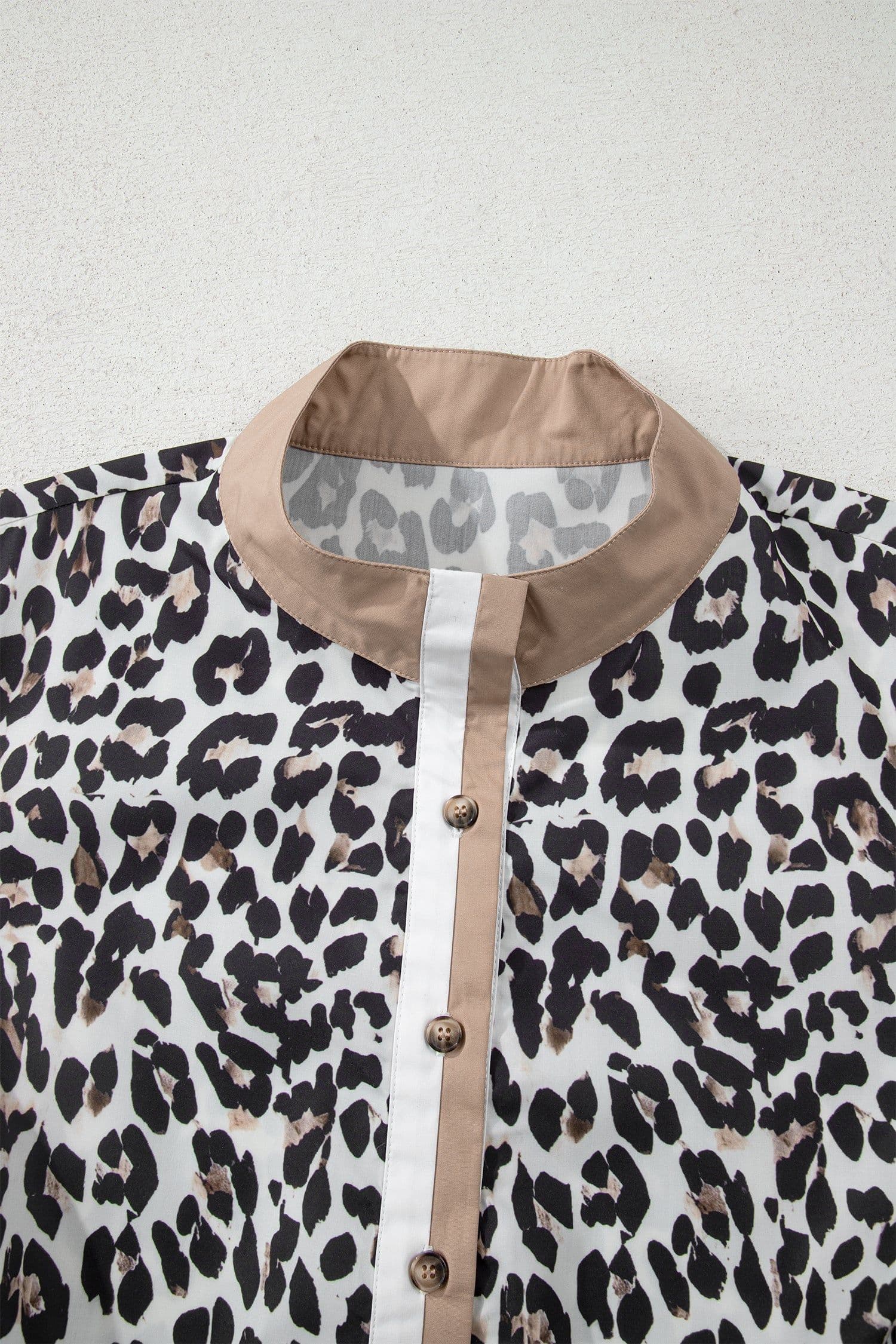 image-Multicolour Leopard Print Contrast Trim Button Split Neck Plus Long Sleeve Top