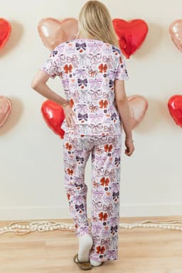 image-Pink Diverse Bows Buttons Printed Contrast Trim Short Sleeve Shirt Pajama Pant Set