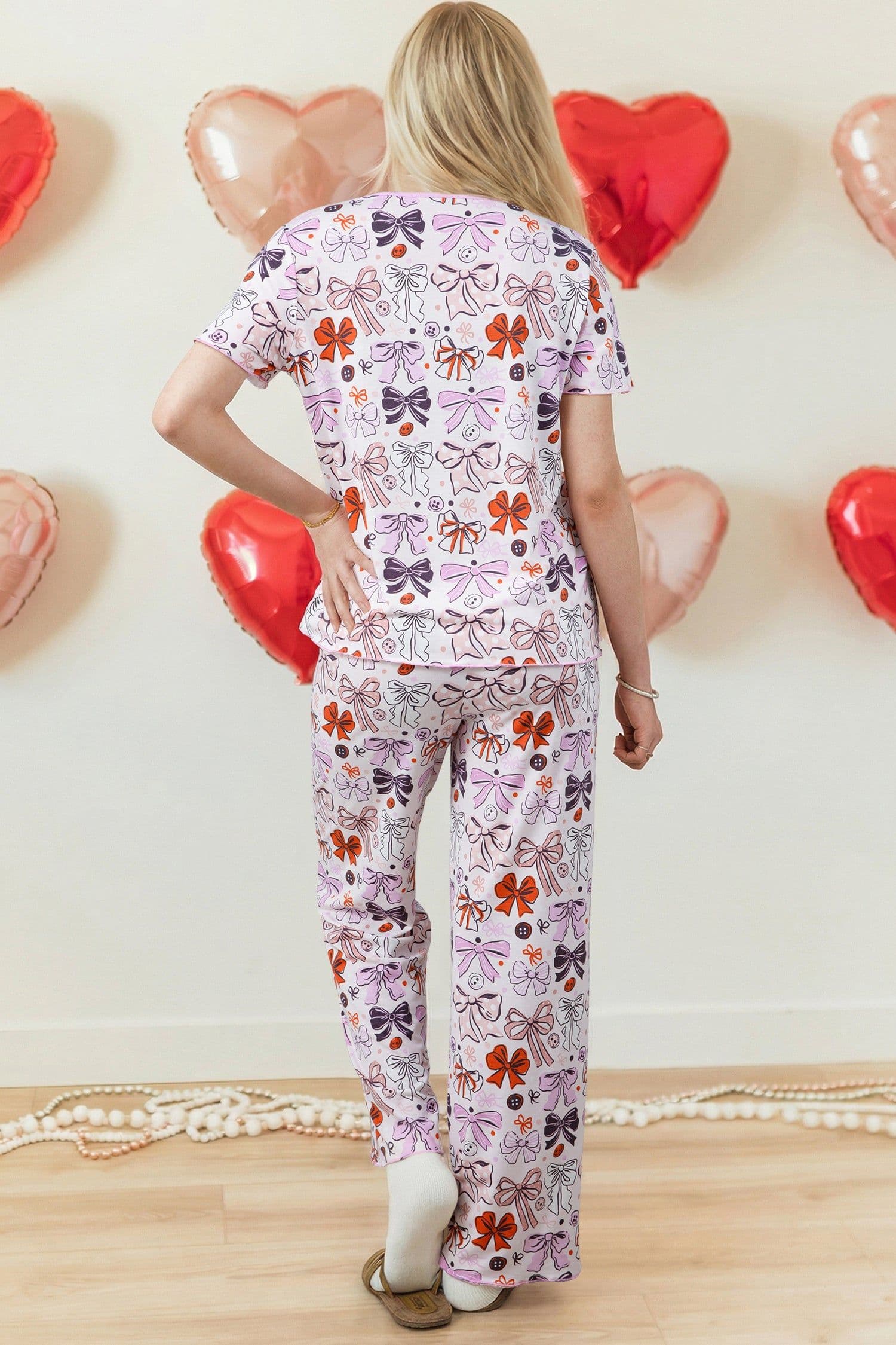 image-Pink Diverse Bows Buttons Printed Contrast Trim Short Sleeve Shirt Pajama Pant Set