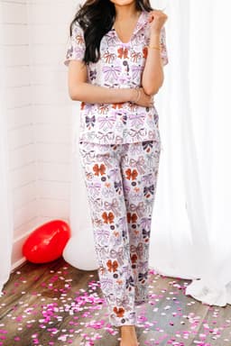 image-Pink Diverse Bows Buttons Printed Contrast Trim Short Sleeve Shirt Pajama Pant Set