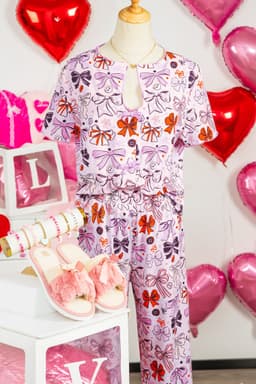 image-Pink Diverse Bows Buttons Printed Contrast Trim Short Sleeve Shirt Pajama Pant Set