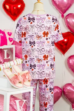image-Pink Diverse Bows Buttons Printed Contrast Trim Short Sleeve Shirt Pajama Pant Set