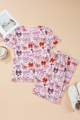 image-Pink Diverse Bows Buttons Printed Contrast Trim Short Sleeve Shirt Pajama Pant Set