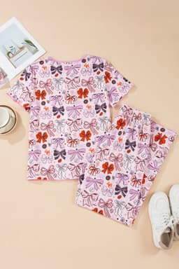 image-Pink Diverse Bows Buttons Printed Contrast Trim Short Sleeve Shirt Pajama Pant Set