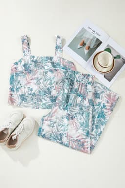image-Green Tropical Palm Printed Cropped Tank Drawstring Wide Leg Pant Set