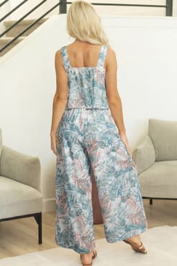 image-Green Tropical Palm Printed Cropped Tank Drawstring Wide Leg Pant Set