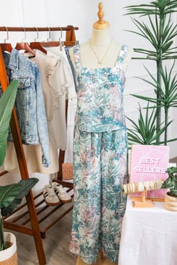 image-Green Tropical Palm Printed Cropped Tank Drawstring Wide Leg Pant Set