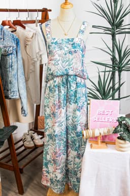 image-Green Tropical Palm Printed Cropped Tank Drawstring Wide Leg Pant Set