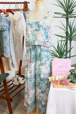 image-Green Tropical Palm Printed Cropped Tank Drawstring Wide Leg Pant Set