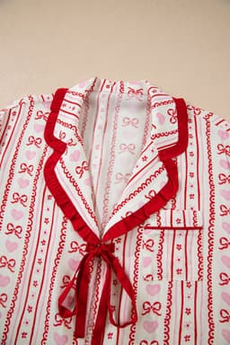 image-Red Sweet Floral Heart Bow Print Contrast Trim Long Sleeve Shirt Pajama Short Set