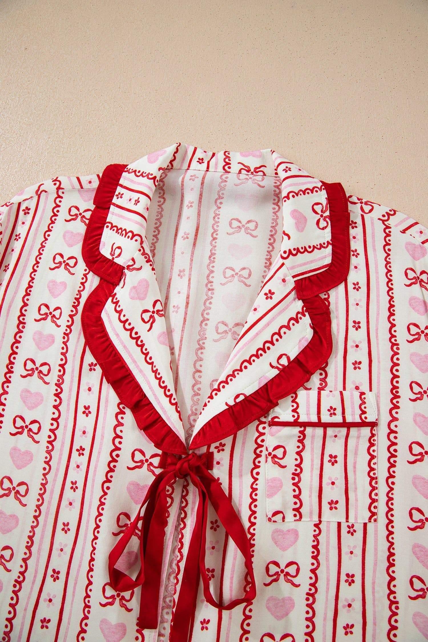 image-Red Sweet Floral Heart Bow Print Contrast Trim Long Sleeve Shirt Pajama Short Set