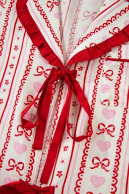 image-Red Sweet Floral Heart Bow Print Contrast Trim Long Sleeve Shirt Pajama Short Set