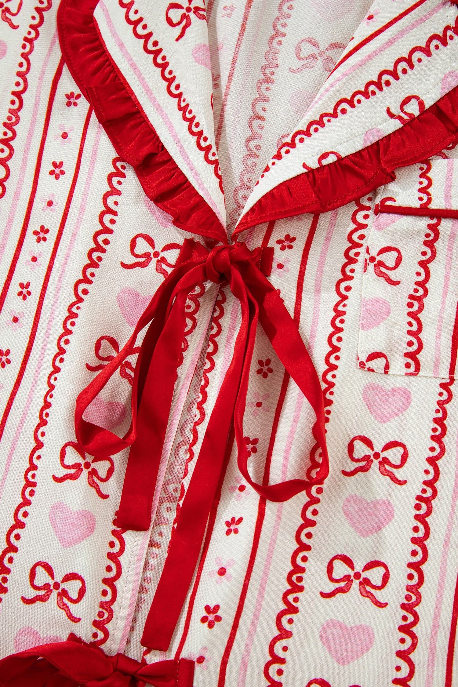 image-Red Sweet Floral Heart Bow Print Contrast Trim Long Sleeve Shirt Pajama Short Set