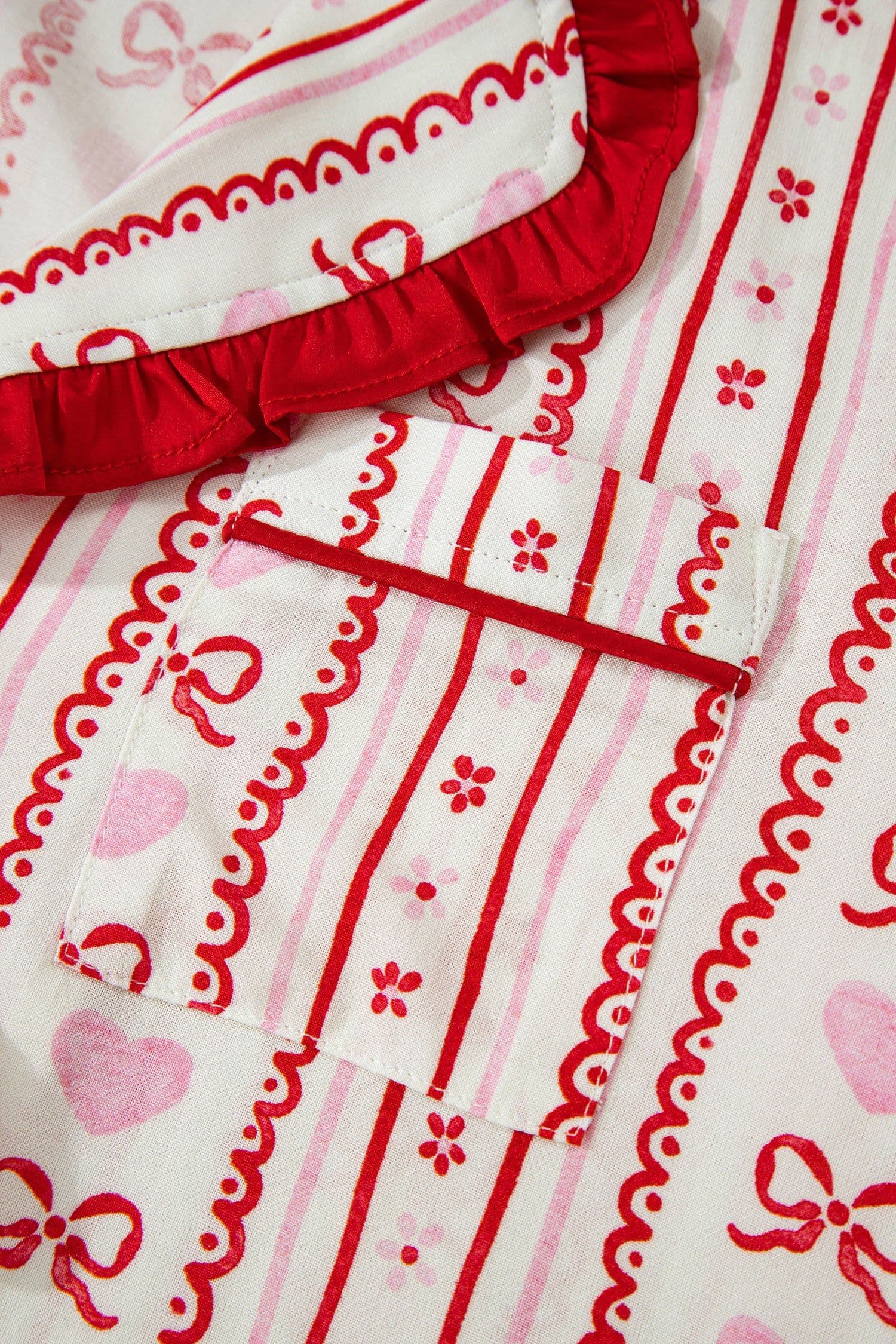 image-Red Sweet Floral Heart Bow Print Contrast Trim Long Sleeve Shirt Pajama Short Set