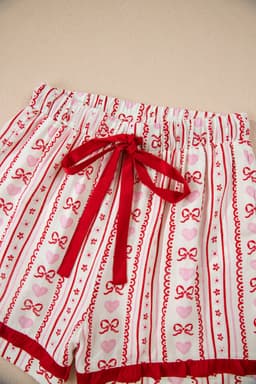 image-Red Sweet Floral Heart Bow Print Contrast Trim Long Sleeve Shirt Pajama Short Set