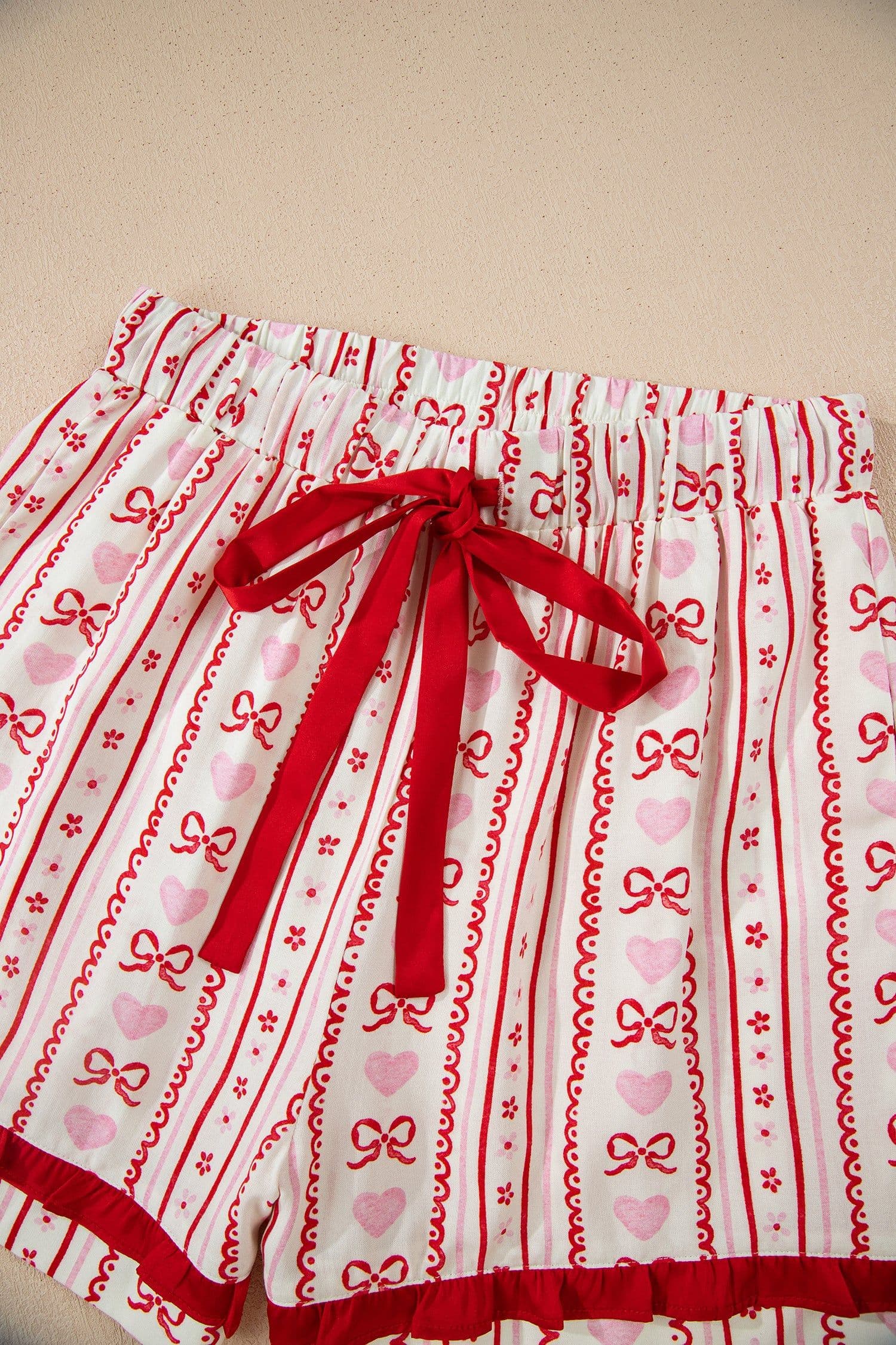 image-Red Sweet Floral Heart Bow Print Contrast Trim Long Sleeve Shirt Pajama Short Set