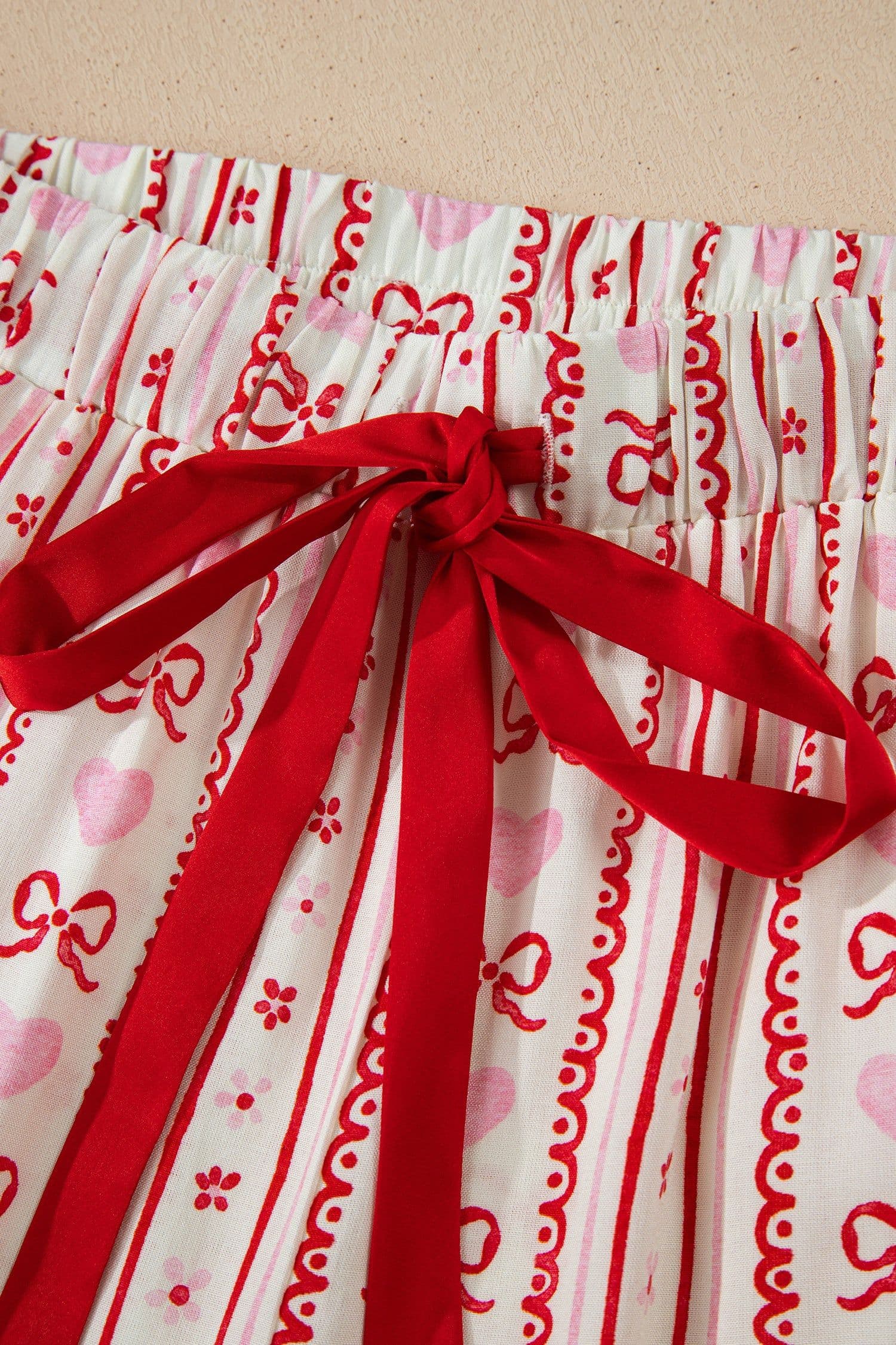 image-Red Sweet Floral Heart Bow Print Contrast Trim Long Sleeve Shirt Pajama Short Set