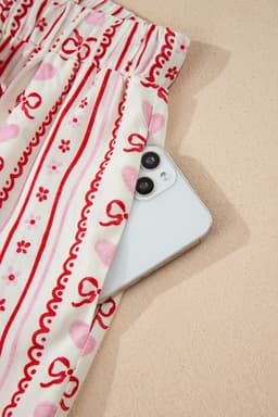image-Red Sweet Floral Heart Bow Print Contrast Trim Long Sleeve Shirt Pajama Short Set