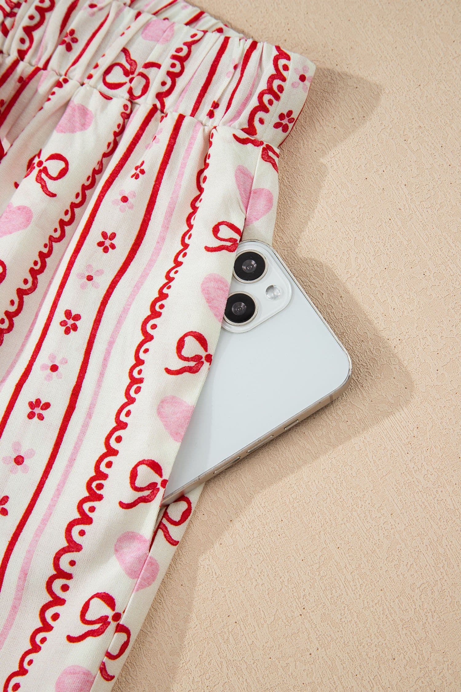 image-Red Sweet Floral Heart Bow Print Contrast Trim Long Sleeve Shirt Pajama Short Set