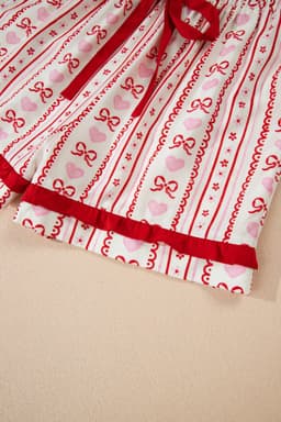 image-Red Sweet Floral Heart Bow Print Contrast Trim Long Sleeve Shirt Pajama Short Set