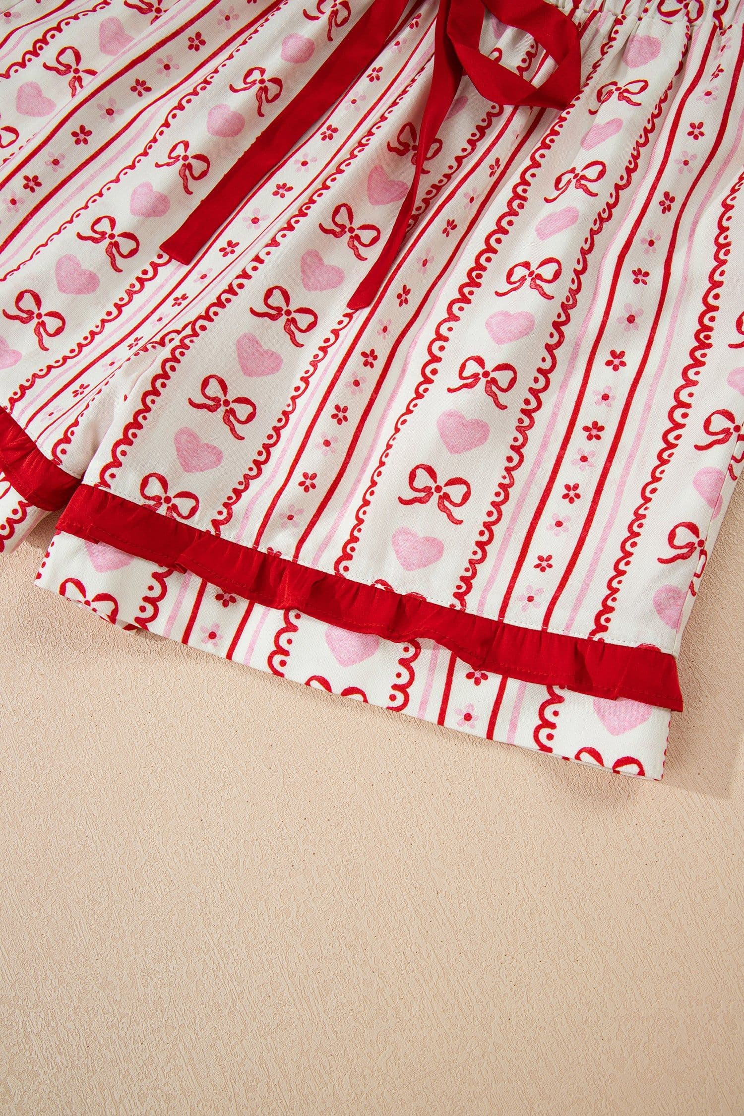 image-Red Sweet Floral Heart Bow Print Contrast Trim Long Sleeve Shirt Pajama Short Set