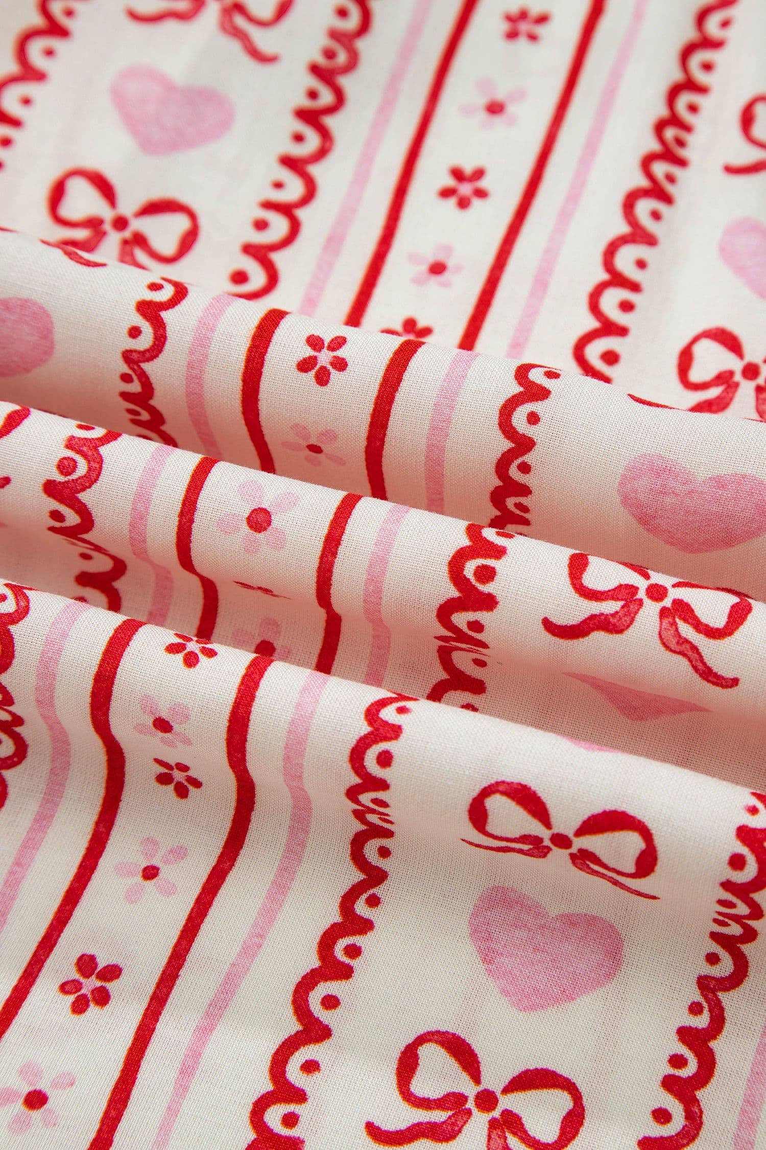 image-Red Sweet Floral Heart Bow Print Contrast Trim Long Sleeve Shirt Pajama Short Set
