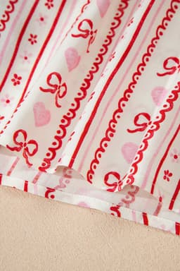 image-Red Sweet Floral Heart Bow Print Contrast Trim Long Sleeve Shirt Pajama Short Set